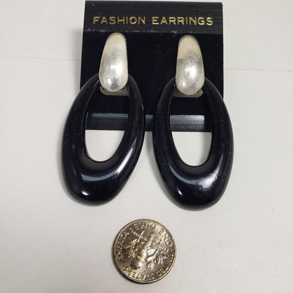 Women's Stunning Polished Silver tone & Black Hoop Drop Earrings, 2.3-inch Drop - Picture 6 of 8